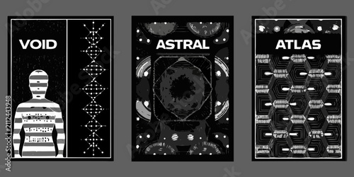 Photos retrofuturistic wireframe poster set black and white astral atlas void humanoid