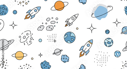 Seamless pattern design with space theme elements including rockets planets stars asteroids and moons on a clean white background.