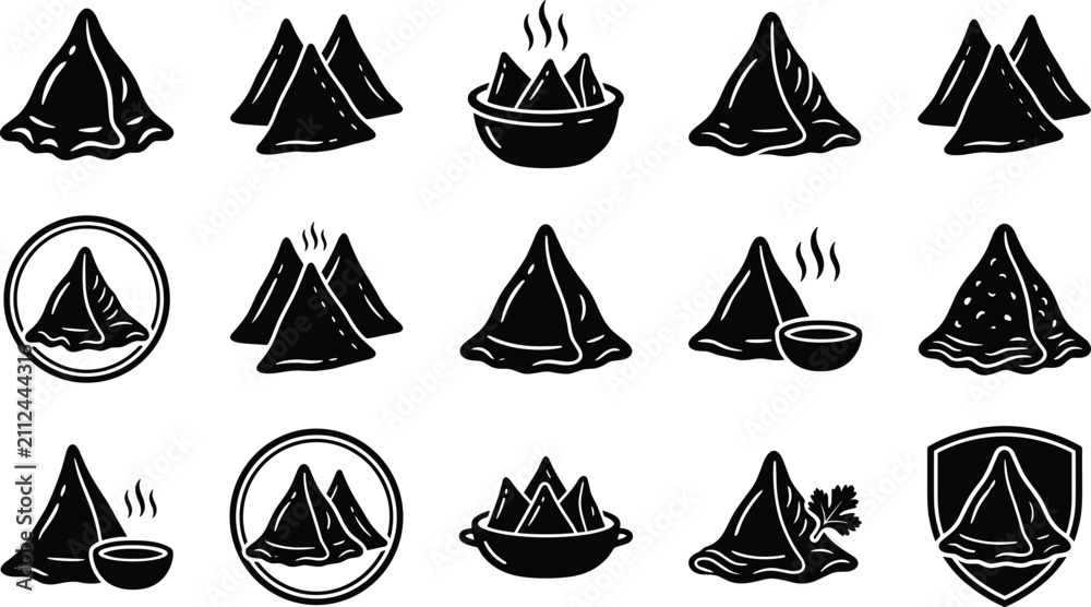 Obraz premium Samosa indian snack food vector glyph icons set for traditional asian restaurant menu and street food branding