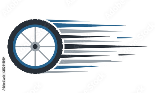 Stylized bicycle wheel with motion streaks in a dynamic side profile, minimalist design, bold flat colors, clean shapes, isolated on white, speed concept