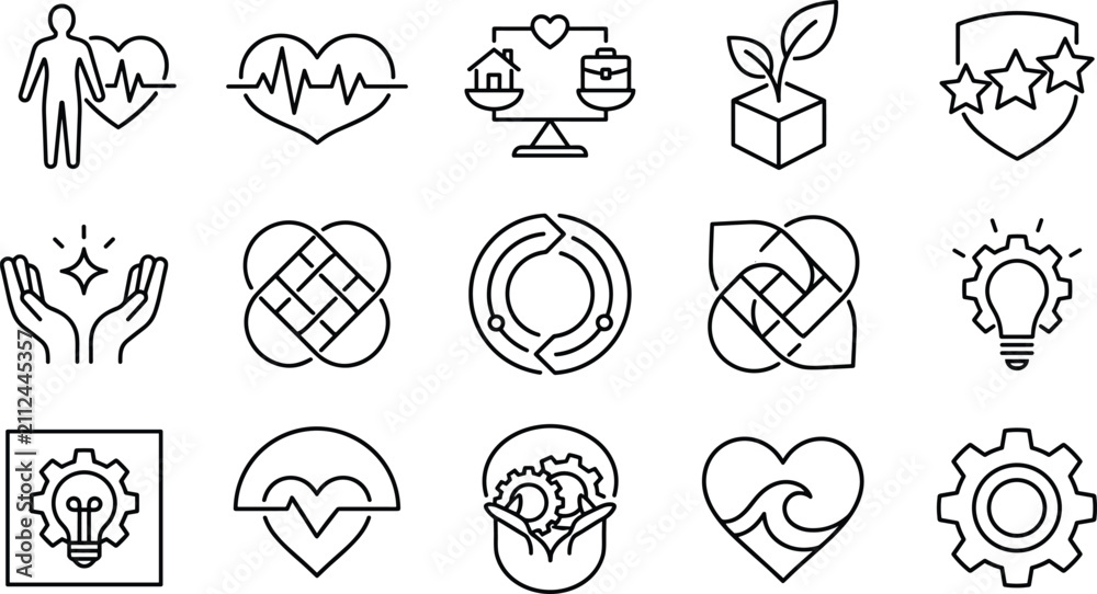 Fototapeta premium Corporate wellness and work life balance line icons set for business values and mental health branding