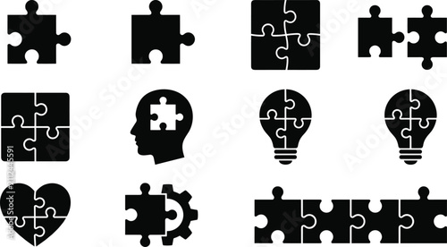 Business team integration and creative problem solving jigsaw puzzle glyph icons set for strategic partnership presentation