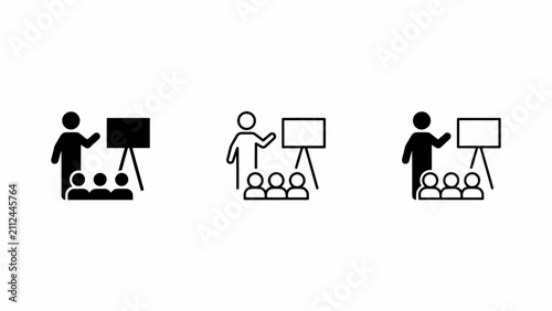 Presentation Icons Featuring A Speaker And Audience Flat Black Silhouette On White Background lecturer audience teaching learning education