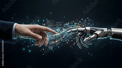 Human hand reaches toward a mechanical robotic hand to symbolize the future of human and machine collaboration.