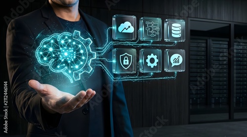 Businessman holds a holographic brain interface representing artificial intelligence and cloud data management systems.