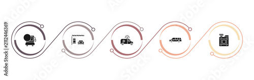 Cuadro en lienzo filled mechanicons icons set - bus with a compass, car in a gas station, red cross car, limousine side view