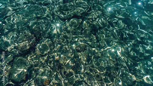 Clear water with rocks and pebbles visible beneath the surface.