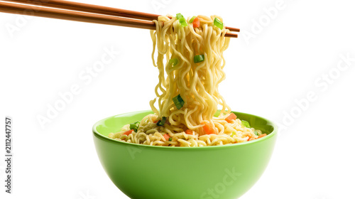 Bowl of instant noodles with vegetables held by chopsticks isolated on transparent background
