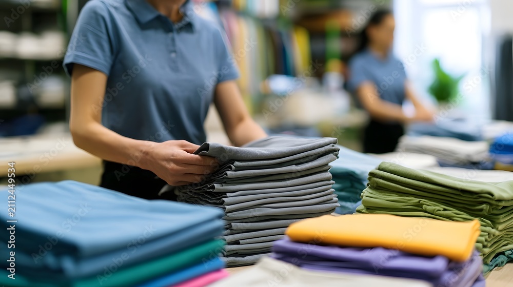 Obraz premium Person folding neatly stacked piles of colorful folded shirts on a work table in a clothing prepa n area