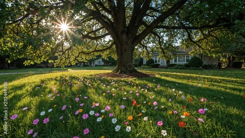 A large tree with sunlight shining through, casting shadows over a grassy garden filled with colorful flowers.
