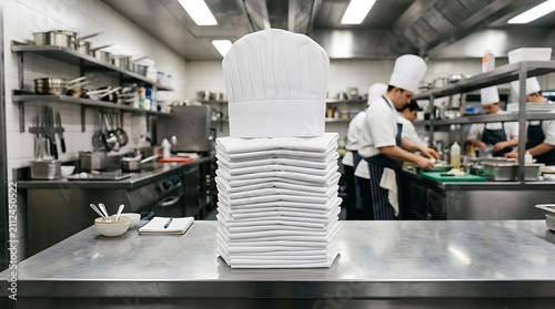 Neatly stacked white chef hats and folded linens in a professional restaurant kitchen setting