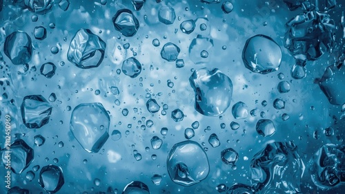 A close-up view of water droplets and ice cubes in liquid, showcasing their shapes and textures.