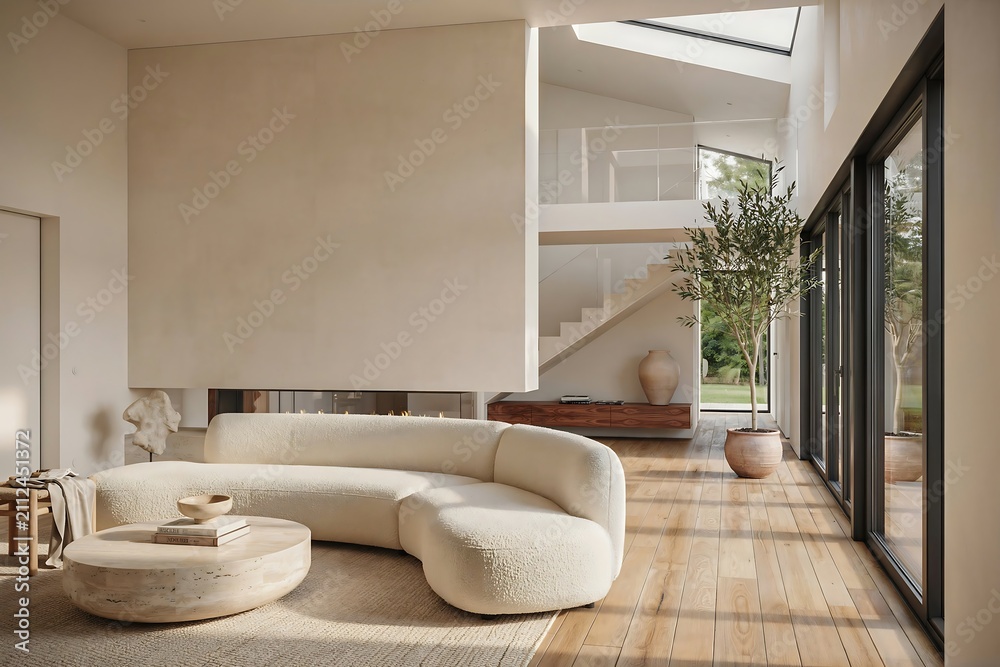 Obraz premium Modern organic living room interior with a curved boucle sofa and minimalist decor bathed in natural light