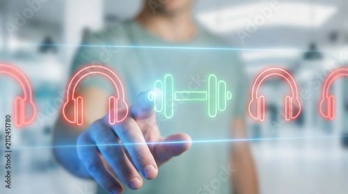 Person interacting with digital interface displaying headphone and dumbbell icons for fitness and wellness app management concept