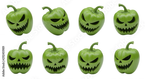 spooky pepper carvings arranged on white background halloween decorations and culinary concepts