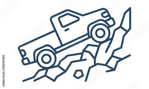 Minimalist line art icon of a pickup truck driving up a steep rocky mountain incline isolated on white, adventure and travel concept