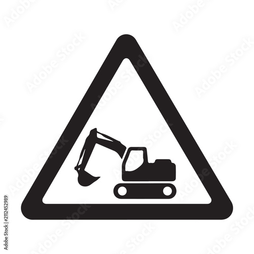 Excavator warning sign vector icon with heavy machinery silhouette in a triangle for construction safety and industrial site caution