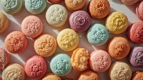 Colorful macarons arranged closely, showcasing a variety of pastel shades and textures.
