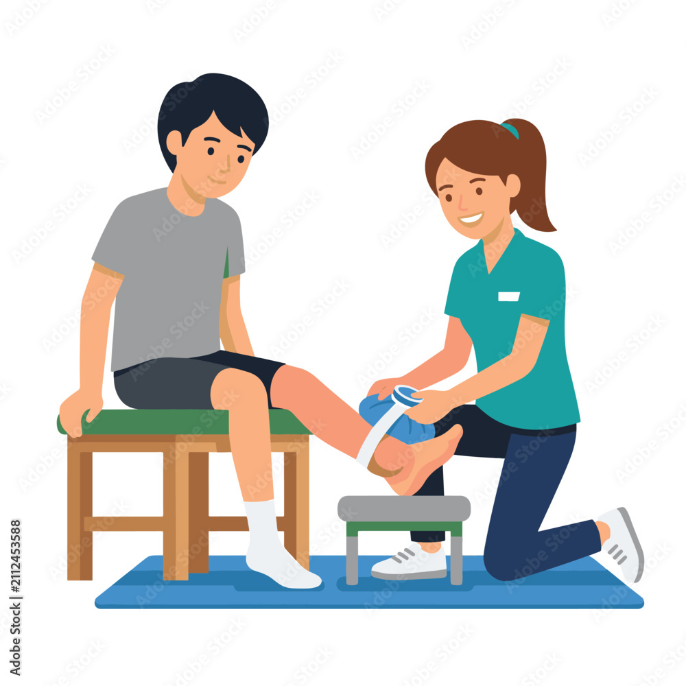 Obraz premium Physiotherapy Professional Provides Ice Therapy to Patient with Ankle Injury for Rehabilitation, World Physiotherapy Day