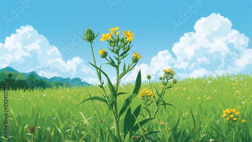 Bright green meadow with yellow wildflowers under a blue sky with white clouds and distant mountains.