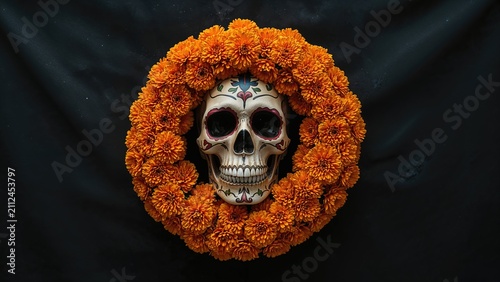 A skull decorated with colorful sugar skull face paint, surrounded by a vibrant orange marigold flower wreath on a dark background.