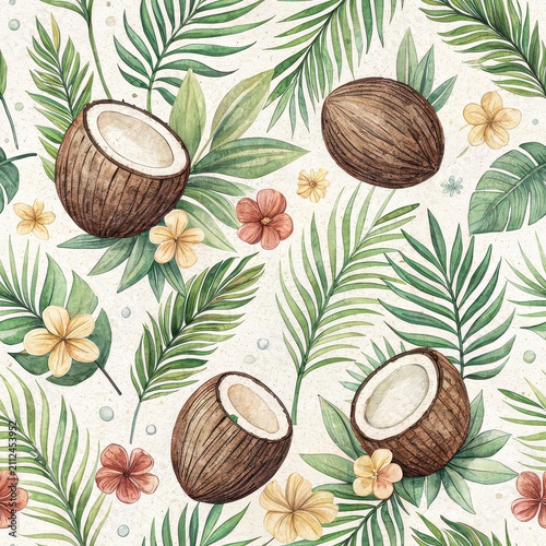 Seamless repeating pattern of coconuts, coconut halves, palm leaves, and tropical flowers