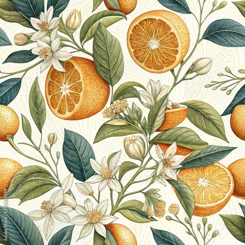Seamless repeating pattern of oranges, orange slices, and orange blossoms