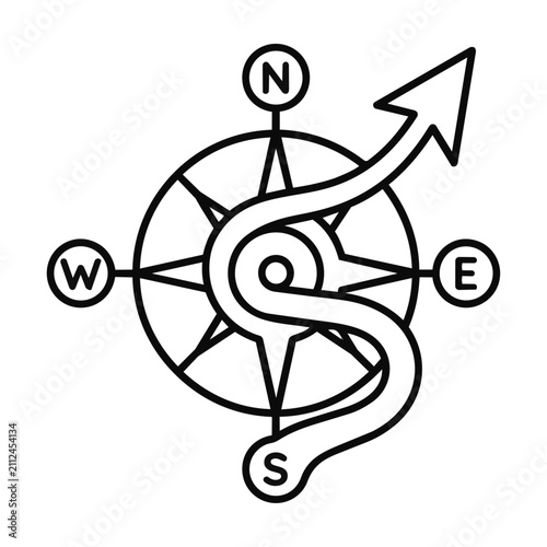 Monoline compass icon with a winding path and directional arrow, isolated on white. Navigation and guidance concept