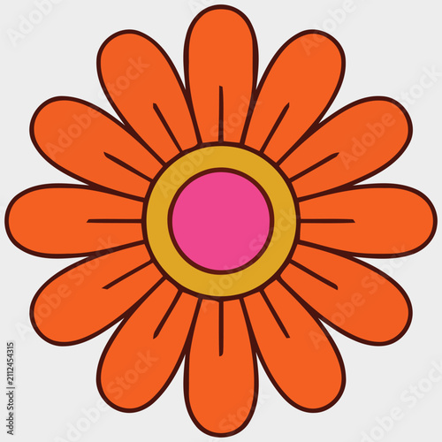 Orange daisy flower illustration with yellow center and pink core set against a neutral light grey background aesthetic.