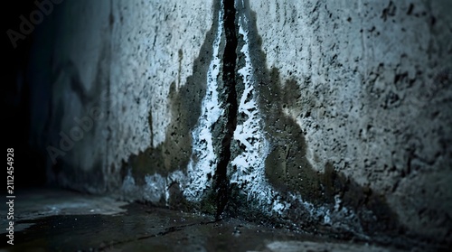 Severe vertical concrete wall crack with efflorescence salt deposits and water seepage moisture
