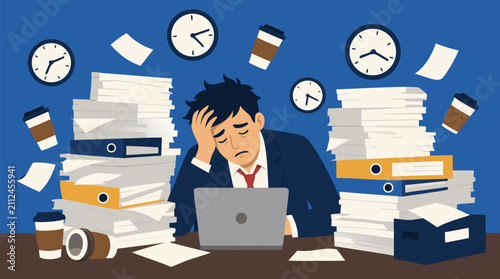 Exhausted businessman overwhelmed by towering stacks of paperwork and deadlines at cluttered office desk with laptop and coffee