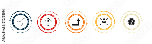 filled user interface icons set - curly dotted arrow, up broken line arrow, right up arrow, multitasking worker. editable vector for web and mobile ui