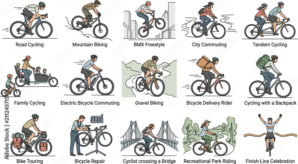 Fototapeta premium Cycling Activities Collection with Road Mountain BMX Commuting and Bicycle Lifestyle Vector Illustrations