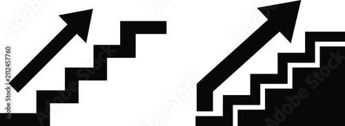 Black stair icons with upward pointing arrows indicating direction isolated on transparent background