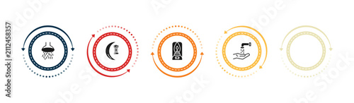 Fotografía filled religion icons set - sujud posture, shower head and water, ramadan crescent moon, old oil lamp