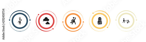 filled people icons set - woman carrying, chat balloon, businessman dancing, breastfeeding. editable vector for web and mobile ui