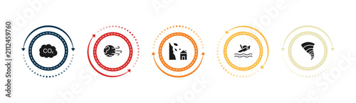 Konstfotografi filled meteorology icons set - co2 gas, windy earth, avalanche and house, boat capsizes