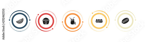 Bild auf Leinwand filled food icons set - lemon slice, boiler, fresh smoothie, fried tofu curd balls
