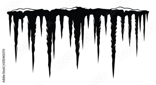 A row of sharp hanging icicles depicted in a stark black and white graphic design silhouette