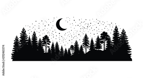 A beautiful night landscape featuring a pine forest and crescent moon in a minimalist black and white silhouette