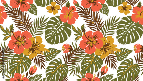 Seamless tropical pattern with coral hibiscus flowers and monstera leaves on white background. Flat vector illustration EPS 10.