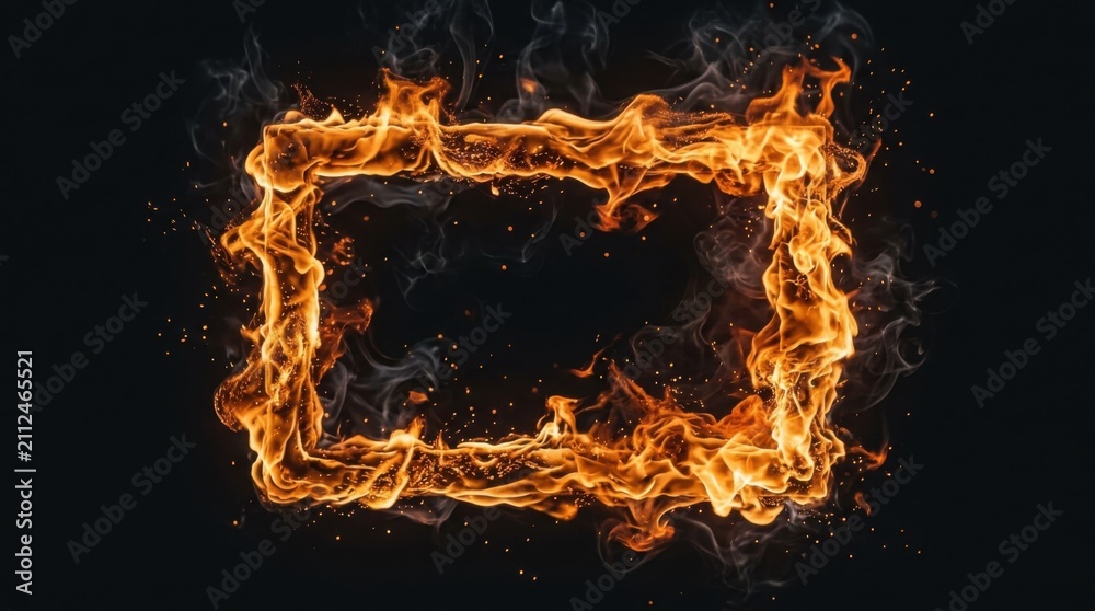 Fototapeta premium Glowing Rectangular Border Frame Made of Realistic Intense Burning Fire with Smoke and Embers on Black Background
