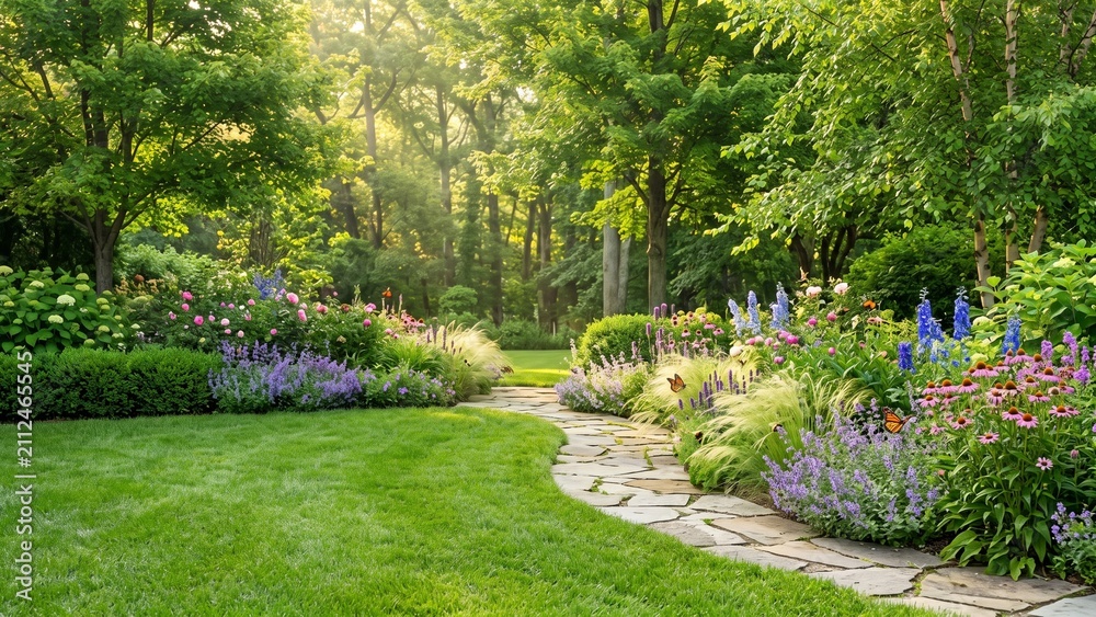 Obraz premium Lush Garden Path with Sunlight Filtering Through Trees.