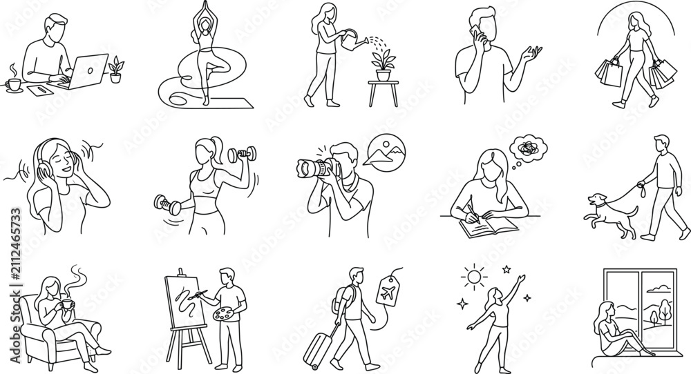 Obraz premium People Everyday Lifestyle Activities Continuous Line Art Collection with Modern Human Action Illustrations