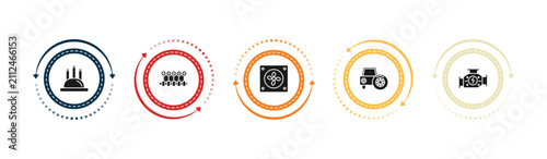 Obraz na płótnie filled car parts icons set - car distributor cap, car crankshaft, fan, spare wheel