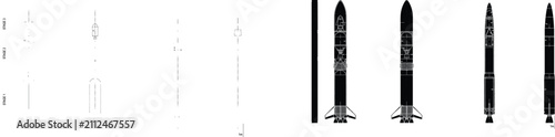 Canvastavla Space rocket launcher and spacecraft vector illustration with stage breakdown an