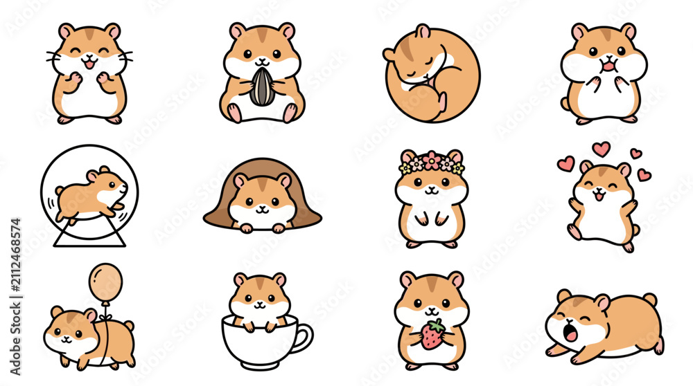 Fototapeta premium Cute Hamster Collection: Kawaii Animals, Stickers, and Illustrations