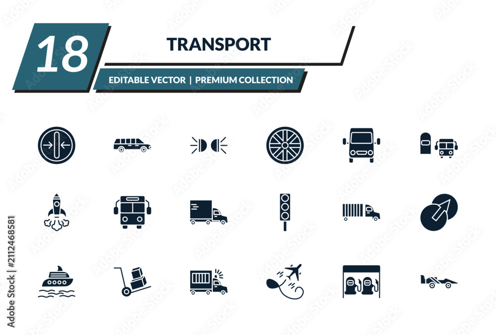 Obraz premium filled transport icons set - slim, long car, car lights, alloy wheel. editable vector for web and mobile ui
