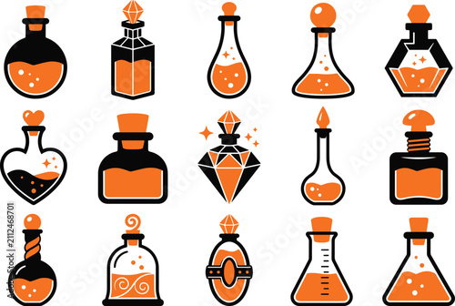 Fotografía Set of various glass potion bottles filled with orange liquid for a magical hall
