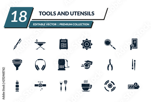 filled tools and utensils icons set - writing tools, iron table, daily specials board, tings gears. editable vector for web and mobile ui